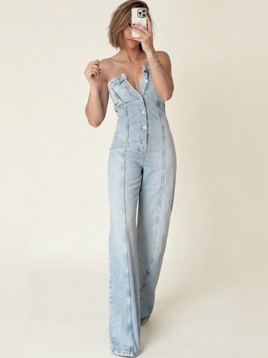 Zara Pants - ZARA - women’s Denim strapless light wash blue jeans jumpsuit wide leg cotton M